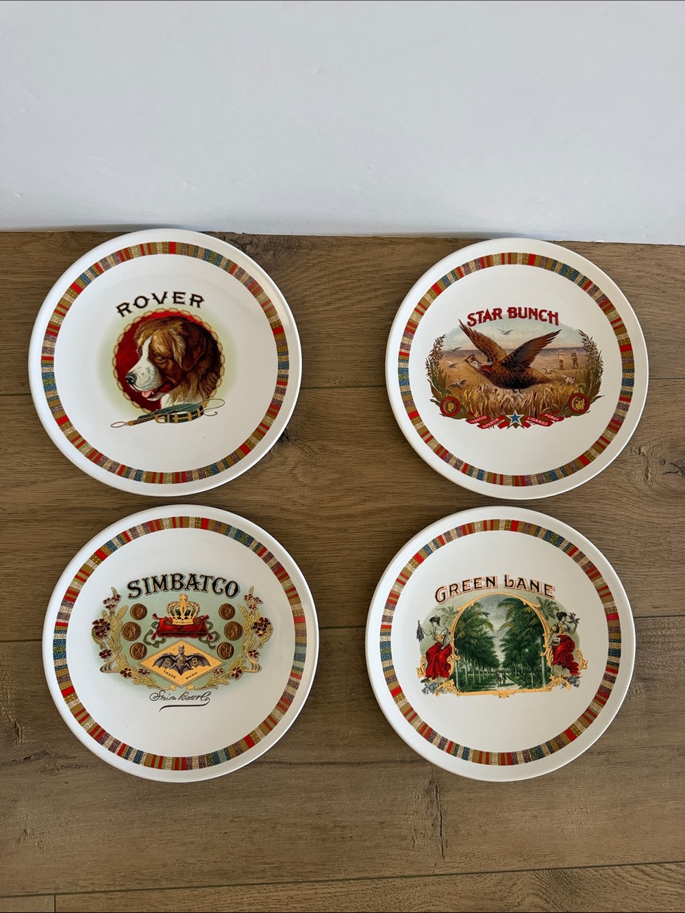 Pottery Barn Fireside Club Set of 4 Plates 8.25" Cigar Box Ads Man Cave Bar EUC